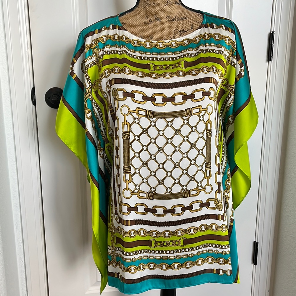Michael Kors, chain print, poncho style, top in white, teal and chartreuse.